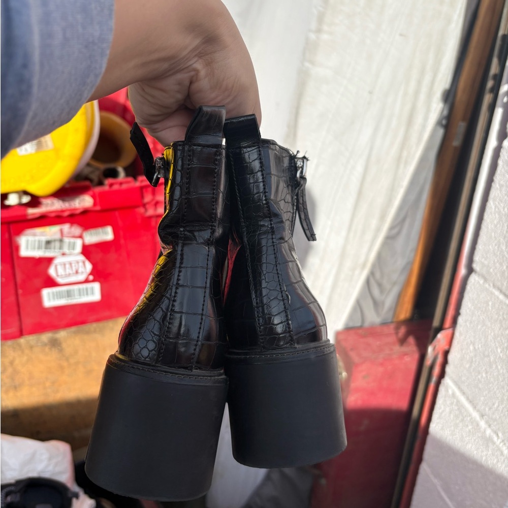 Steve Madden Glossy Black Croc-Embossed Booties - Picture 3 of 5